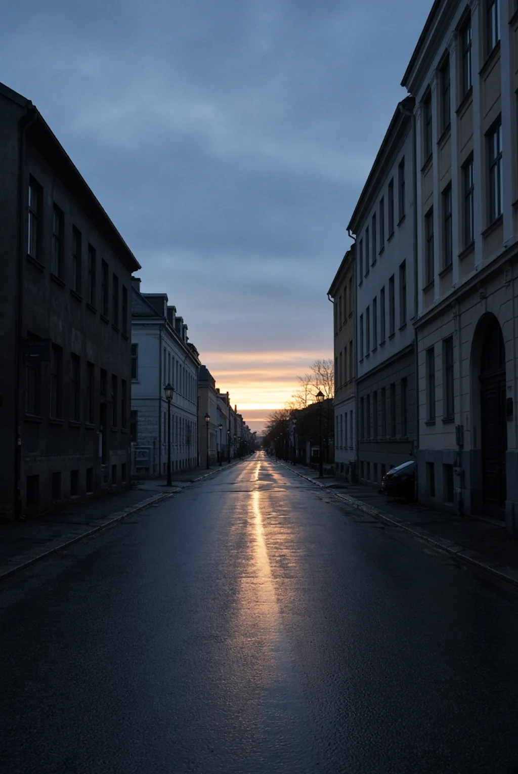 An empty Nordic street reflecting the first light of day