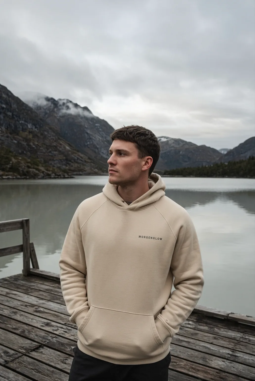 Man wearing the cream Still Hoodie beside a mountain lake