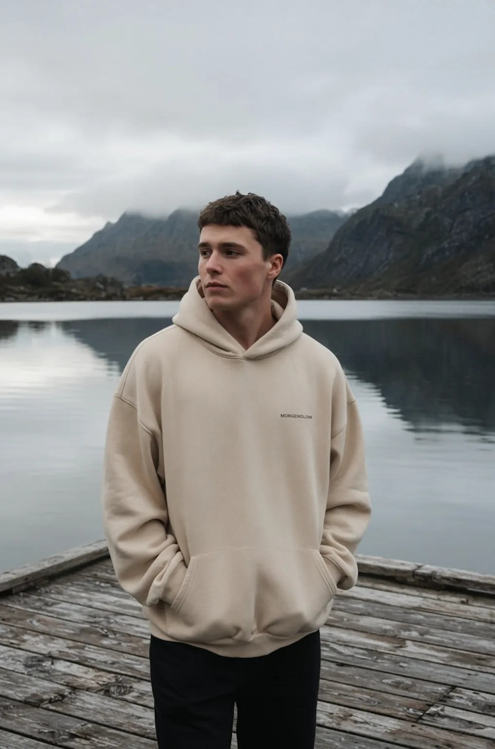 Man wearing the cream Still Hoodie on a pier