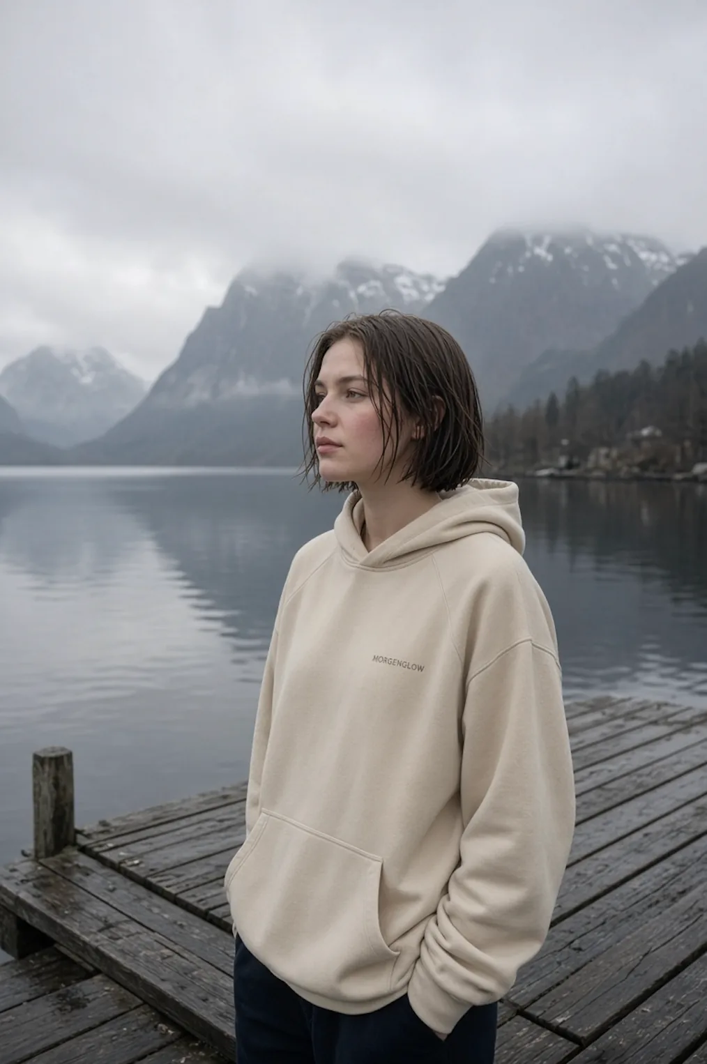 Woman wearing the cream Still Hoodie on a wooden pier