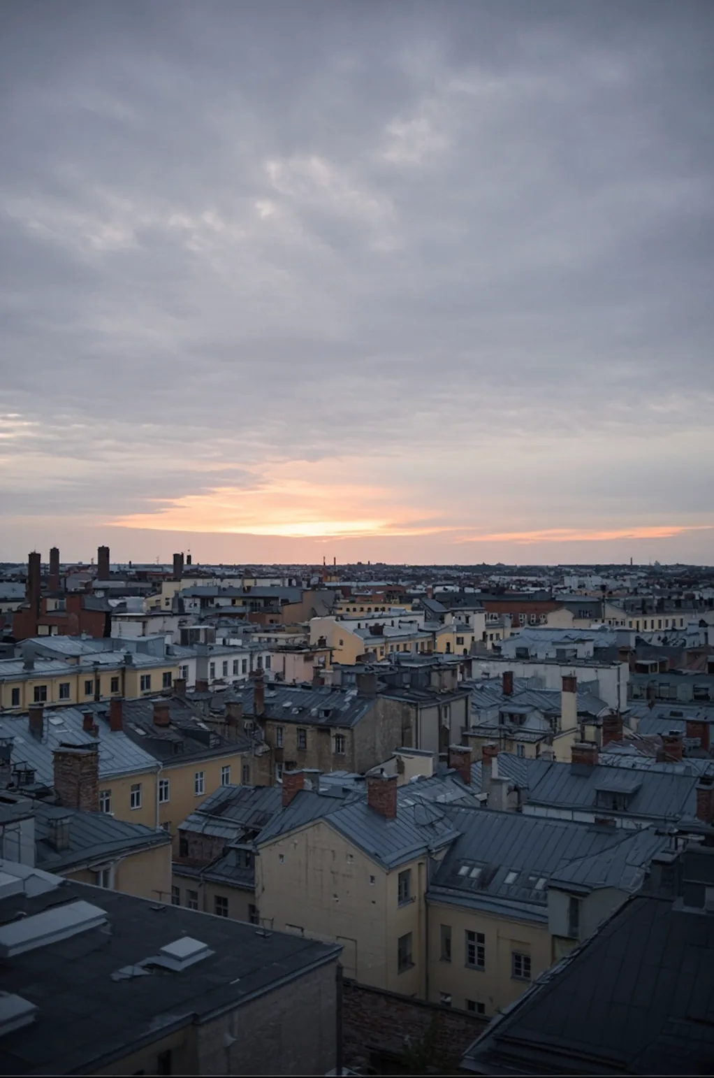 Nordic rooftops beneath a pale dawn sky