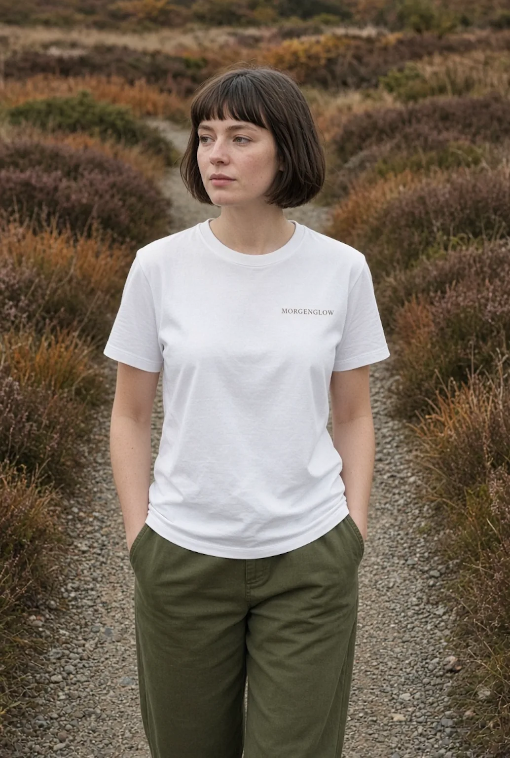 Woman wearing the white Aura Tee beside still water
